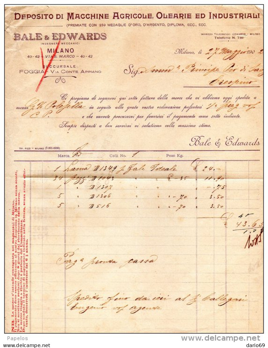 1902  FATTURA  -  MILANO - DEPOSITO MACCHINE AGRICOLE - Italia