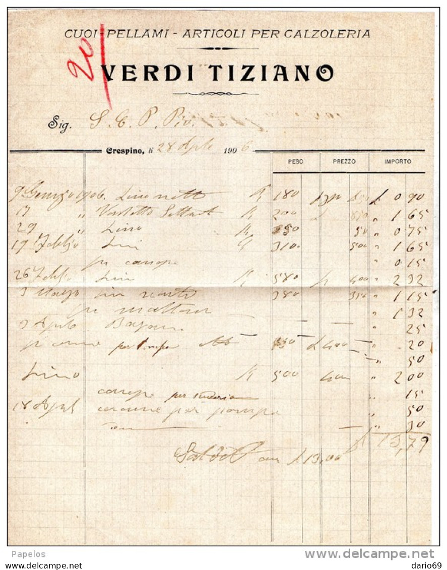 1906  FATTURA  -  CRESPINO ROVIGO - CUOI PELLAMI - Italië