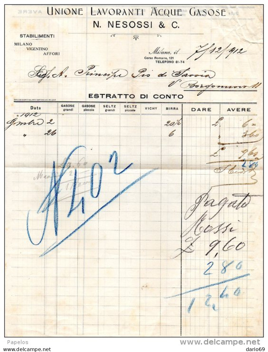 1912  FATTURA -    MILANO -  UNIONE LAVORANTI ACQUE GASOSE - Italy