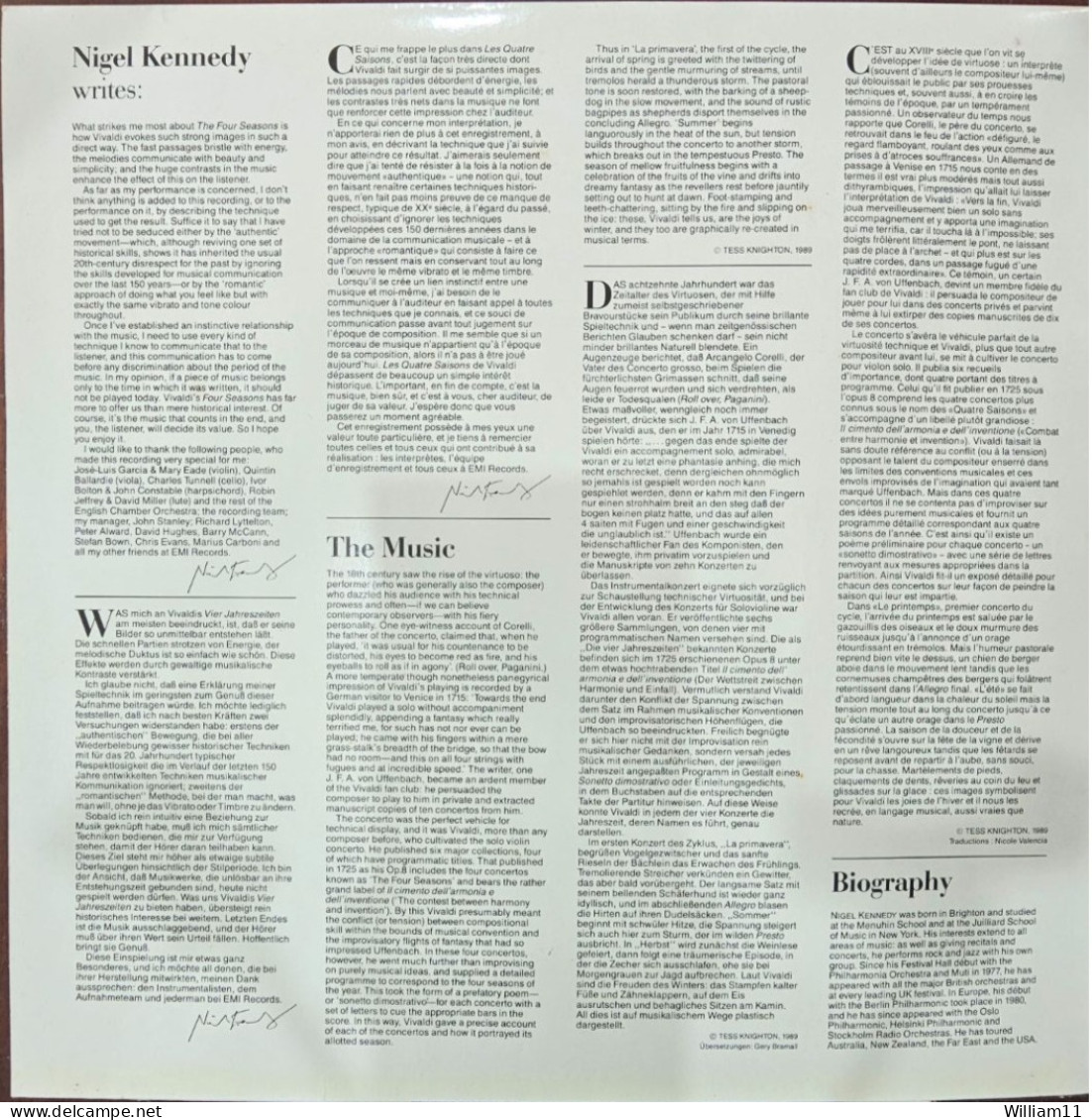 NIGEL KENNEDY - VIVALDI THE FOUR SEASONS VINYL LP 1989 - Classical