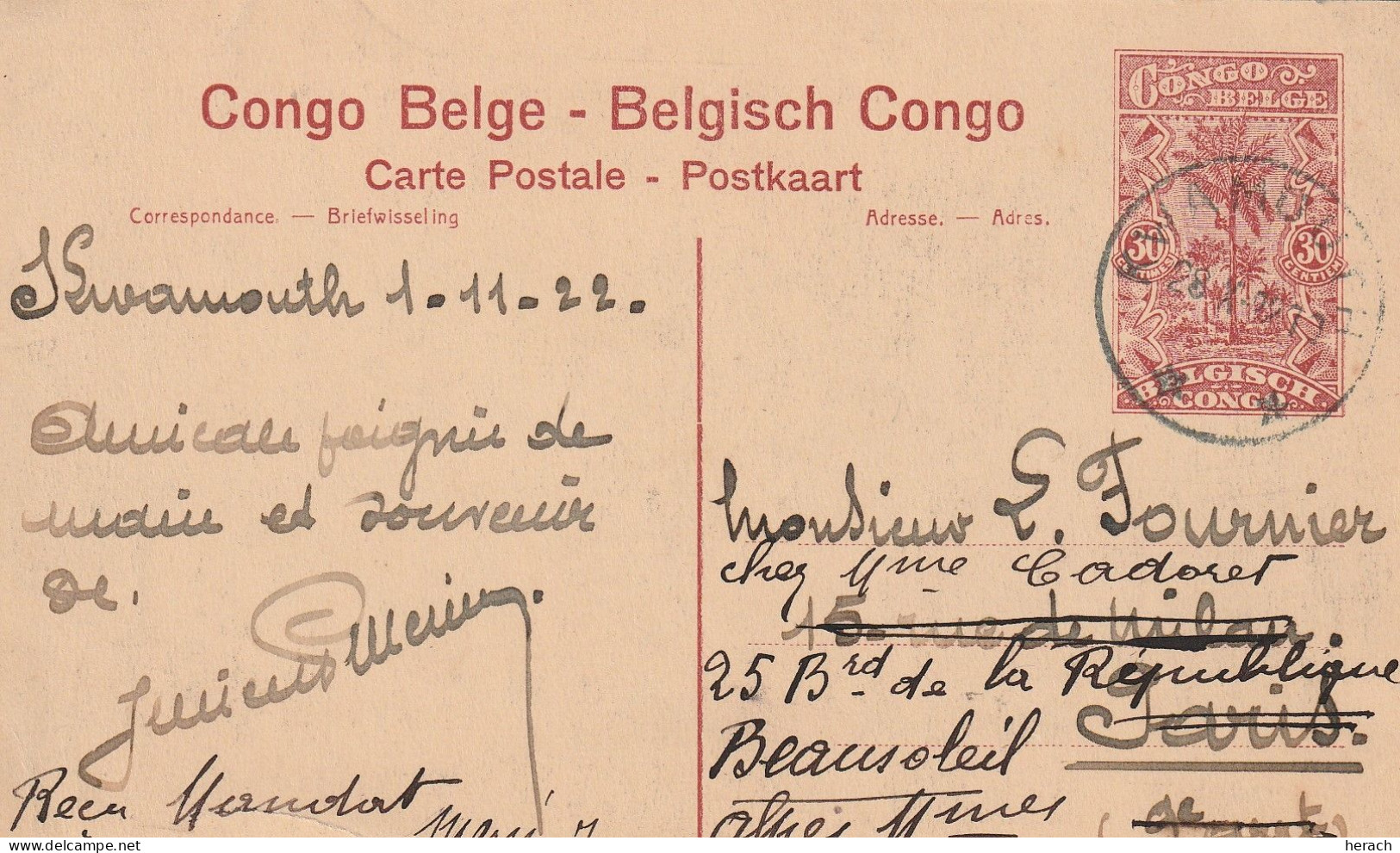 Congo Belge Entier Postal Illustré Pour La France 1922 - Entiers Postaux