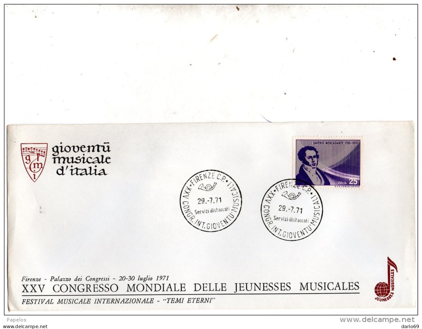 1971  FIRENZE  25 CONGRESSO MONDIALE GIOVENTÙ MUSICALE - 1971-80: Marcophilie