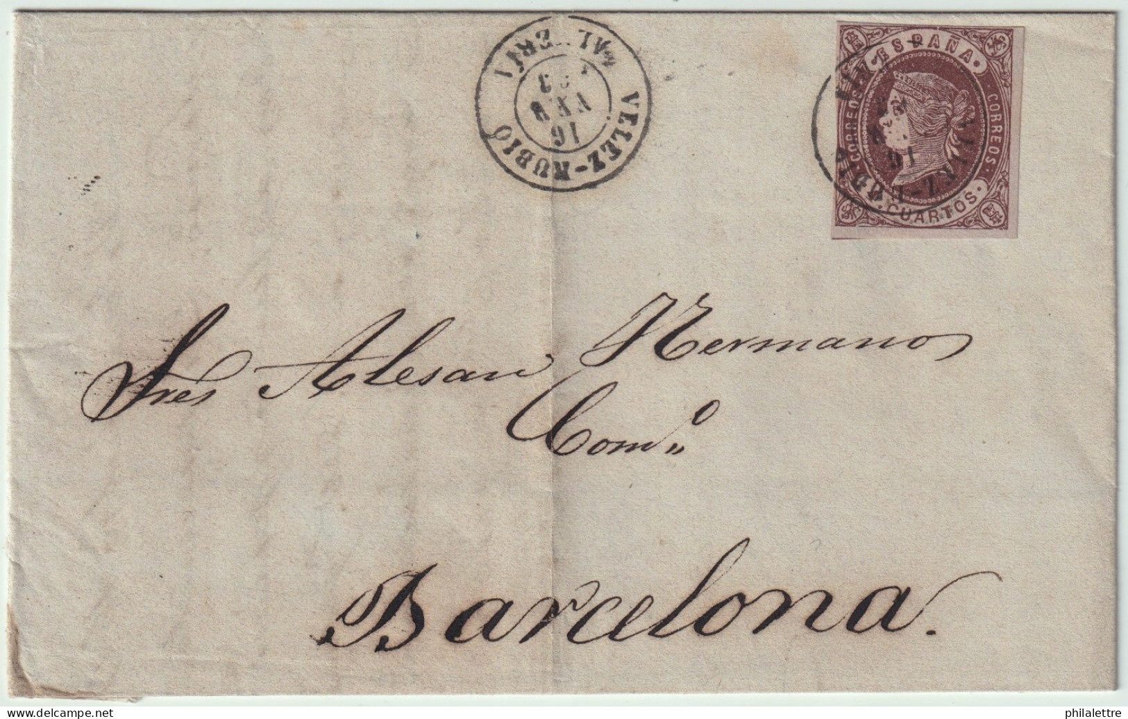 ESPAGNE / ESPAÑA - 1863 - Ed.58 4c Castaño/anteado Con Fechador "VELEZ-RUBIO / ALMERIA" Sobre Carta A Barcelona - Covers & Documents