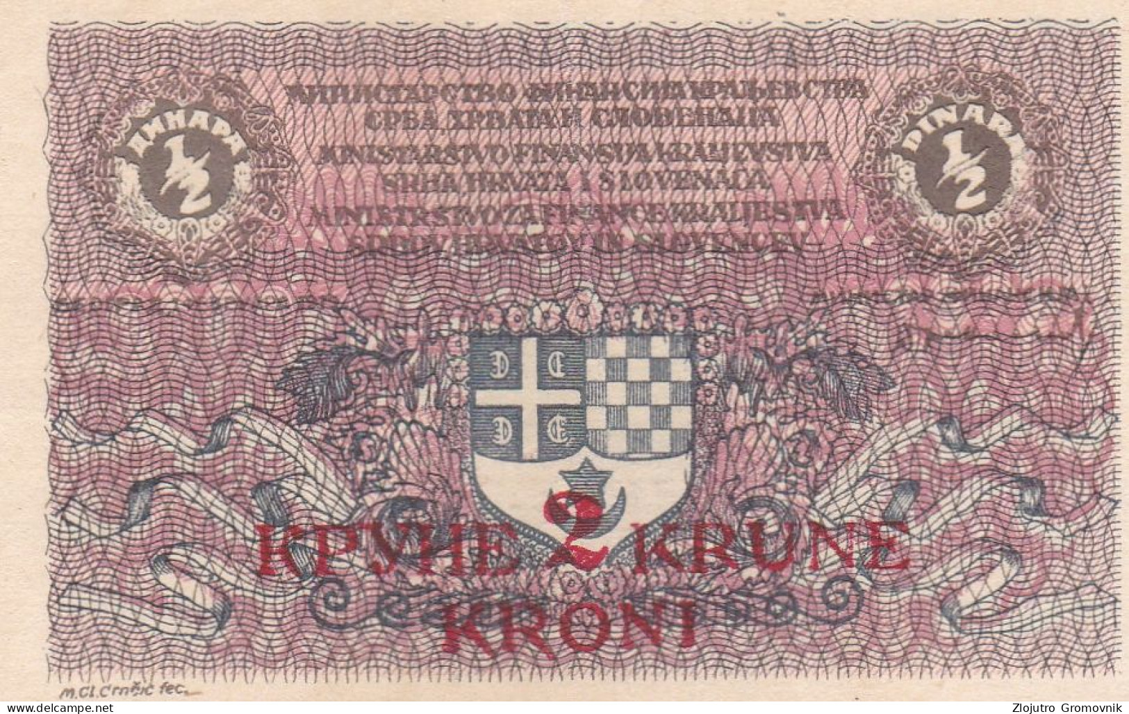 1/2 Dinara Overprint 2 Krune 1919 !!! SCARCE UNC !!! SHS Yugoslavia - Joegoslavië