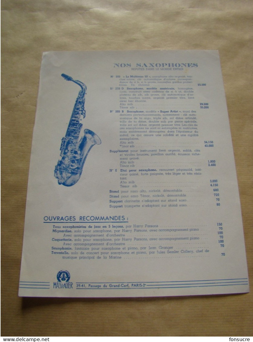 Prospectus Publicitaire Publicité Instrument De Musique MASSPACHER Saxophones - Pubblicitari