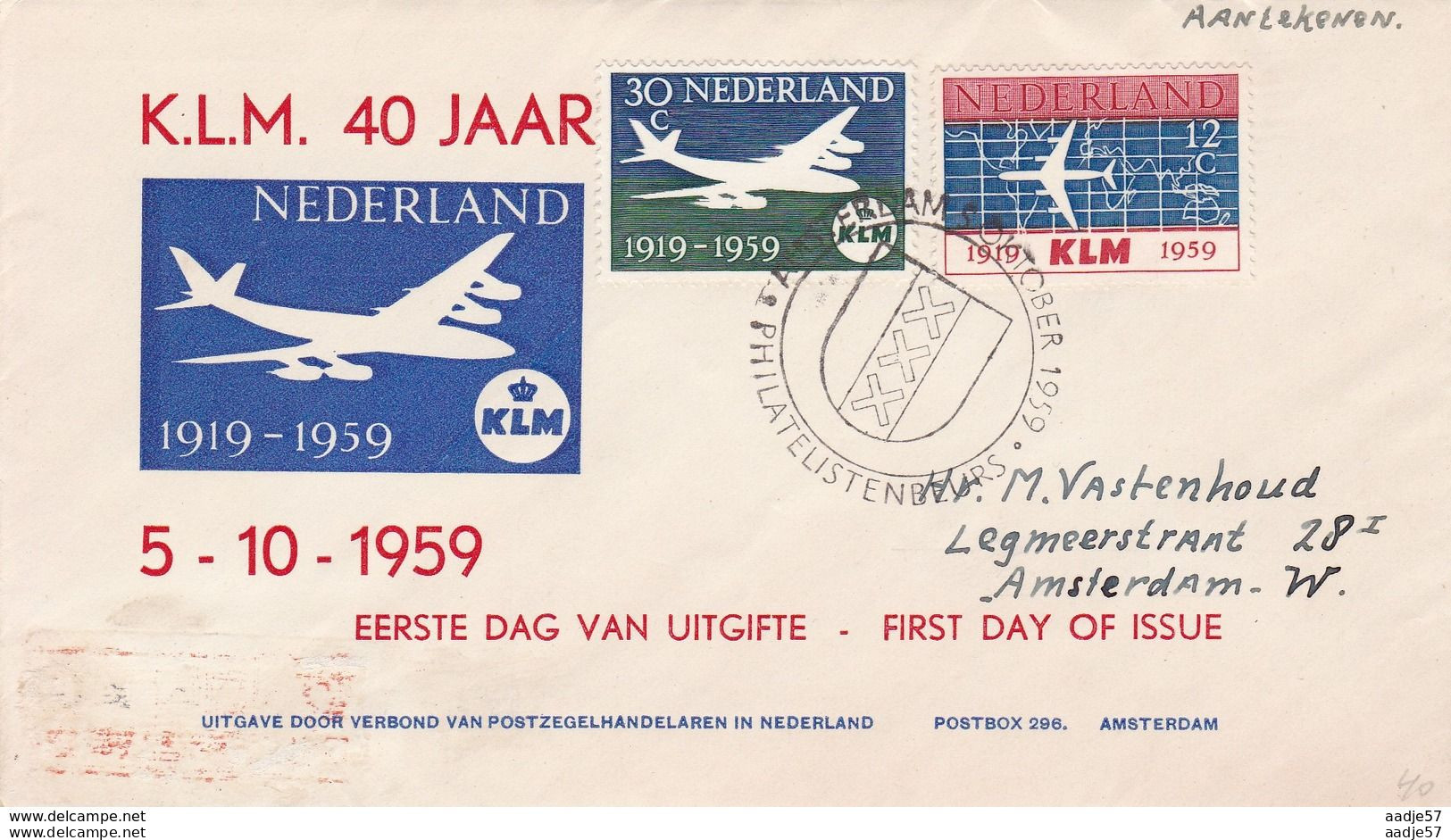 NEDERLAND Netherlands KLM 40 Years FDC 05.10.1959 Aangetekend - FDC