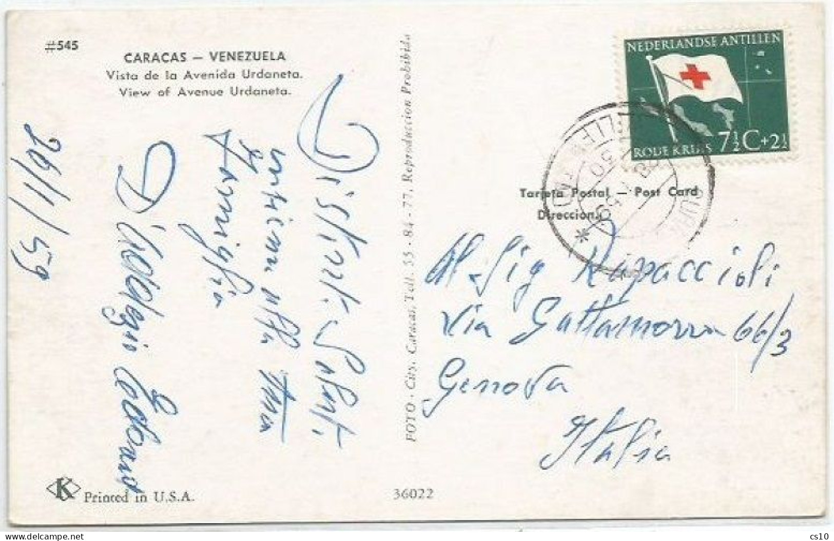 Nederland Antillen Red Cross C7.5+2.5 Solo Franking Pcard Of Caracas From Curacao 28jan1959 X Italy - Croce Rossa