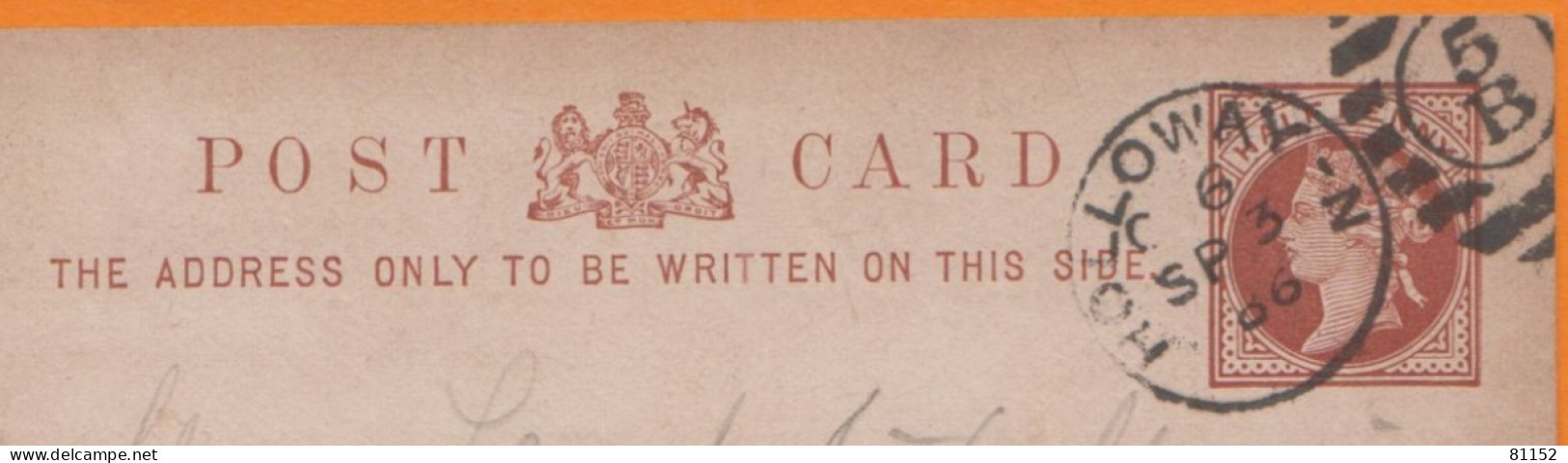 G.B.  Entier CPA   Half Penny   De  HOLLOWAY  Le  3 Sept 1886 - Stamped Stationery, Airletters & Aerogrammes