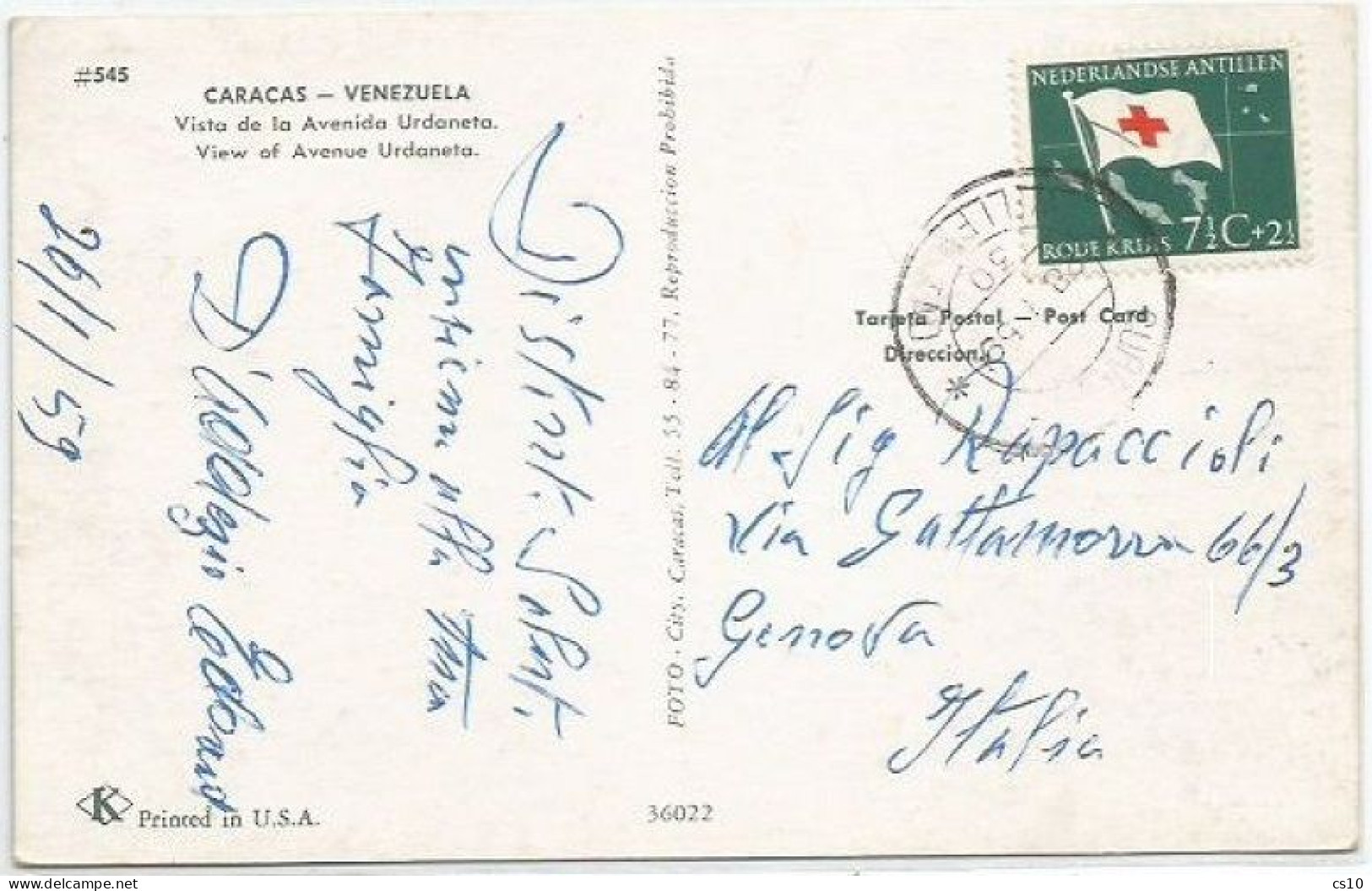 Nederland Antillen Red Cross C7.5+2.5 Solo Franking Pcard Of Caracas From Curacao 28jan1959 X Italy - Curacao, Netherlands Antilles, Aruba