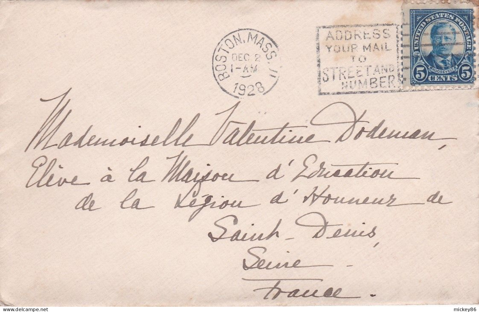 Etats-Unis --1928--lettre BOSTON (Mass) Pour SAINT DENIS (France).timbre,cachet Mécanique  2 DEC 1928 - Covers & Documents