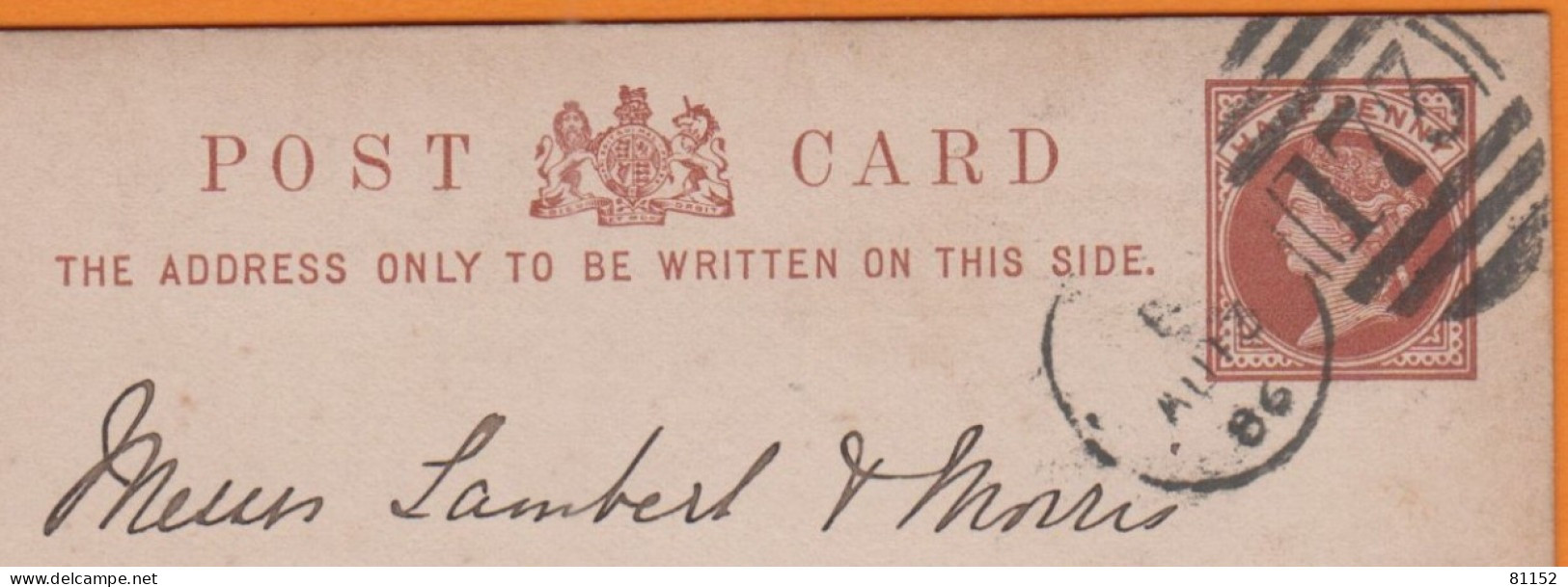 G.B.  Entier CPA   Half Penny   De  LONDON   Le  13 Aout 1886 - Stamped Stationery, Airletters & Aerogrammes