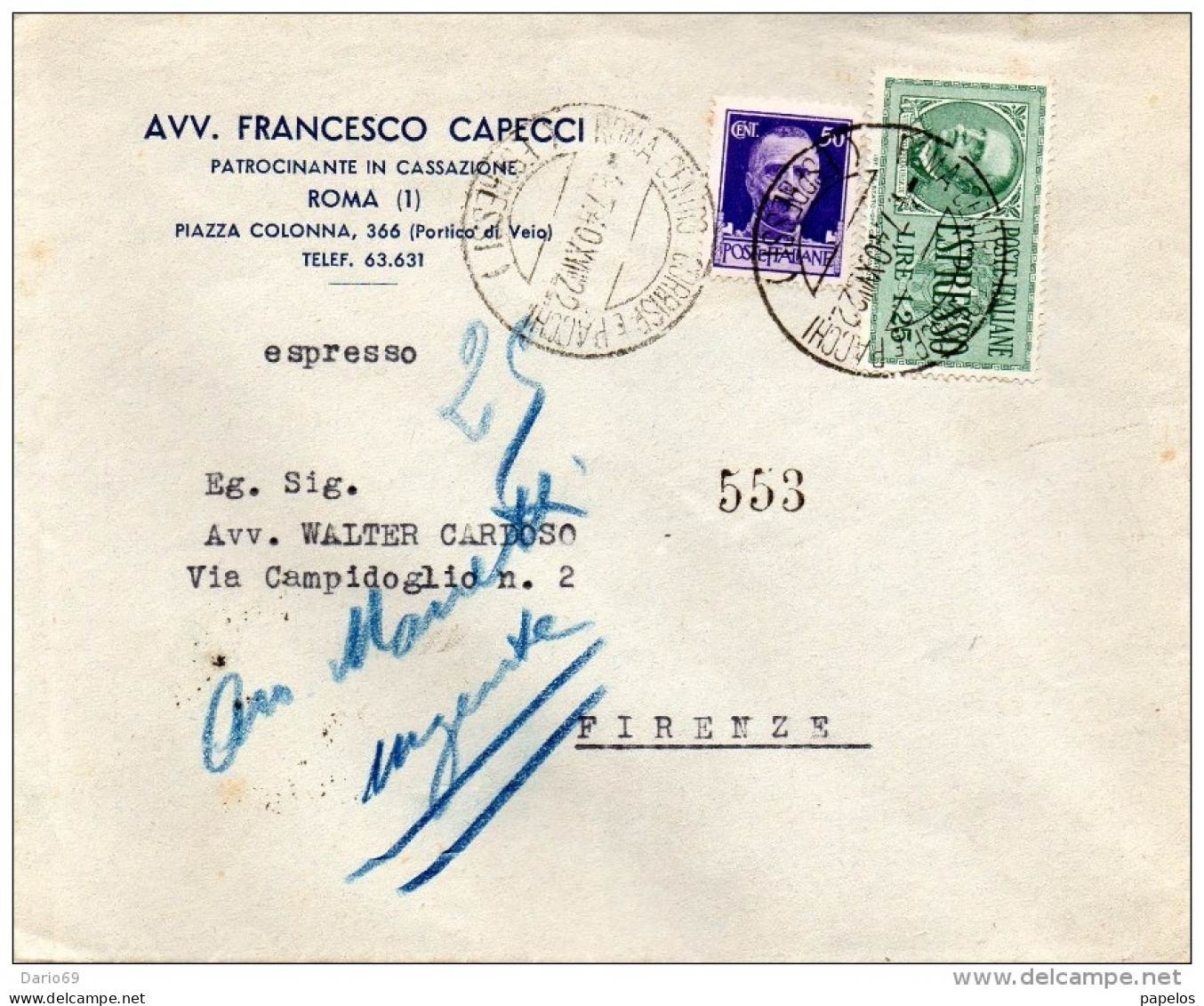 1940  LETTERA  ESPRESSA CON ANNULLO ROMA + FIRENZE - Correo Urgente