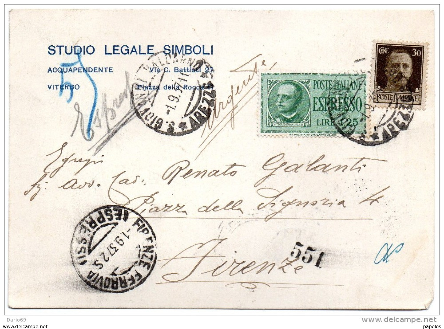 1937 CARTOLINA ESPRESSO CON ANNULLO  San Giovanni Valdarno AREZZO  + FIRENZE - Correo Urgente