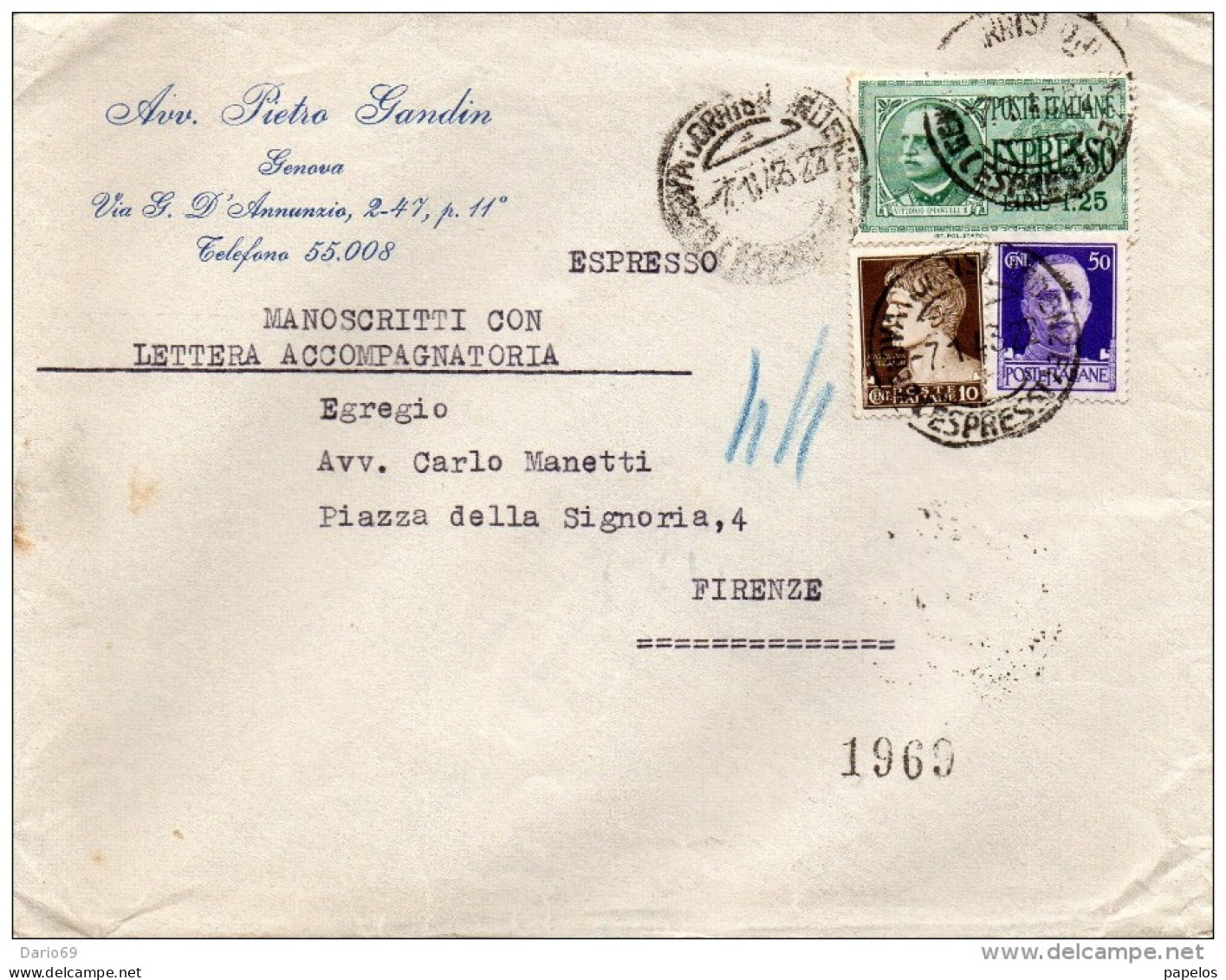 1943 LETTERA ESPRESSO CON ANNULLO  GENOVA   + FIRENZE - Correo Urgente