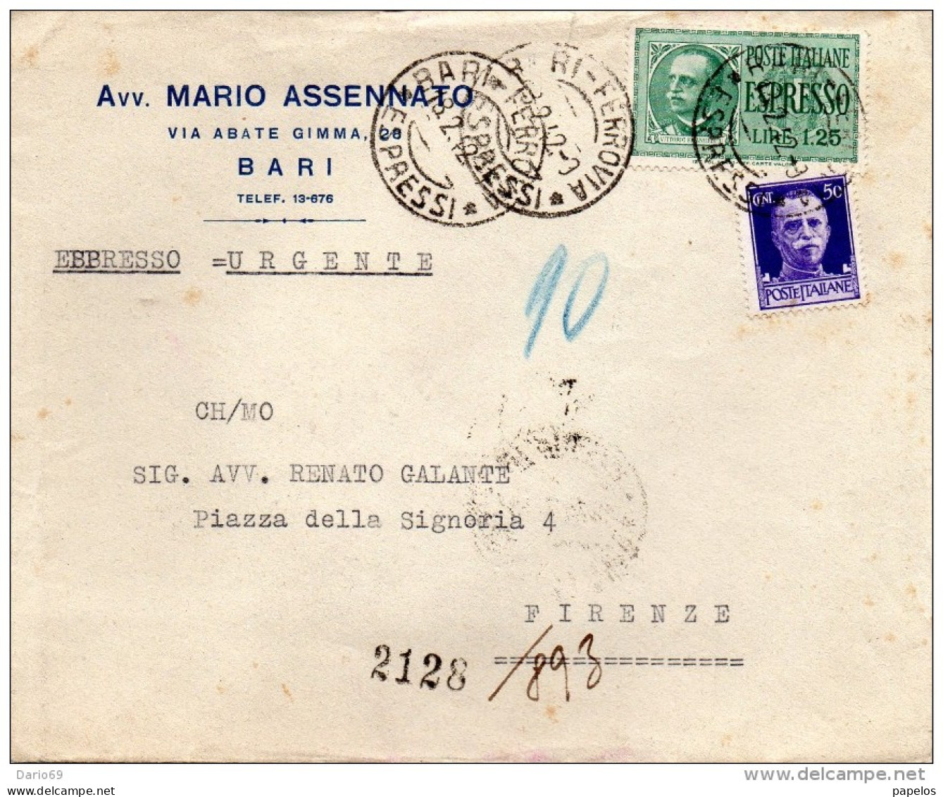 1942  LETTERA   ESPRESSA CON ANNULLO BARI + FIRENZE - Posta Espresso