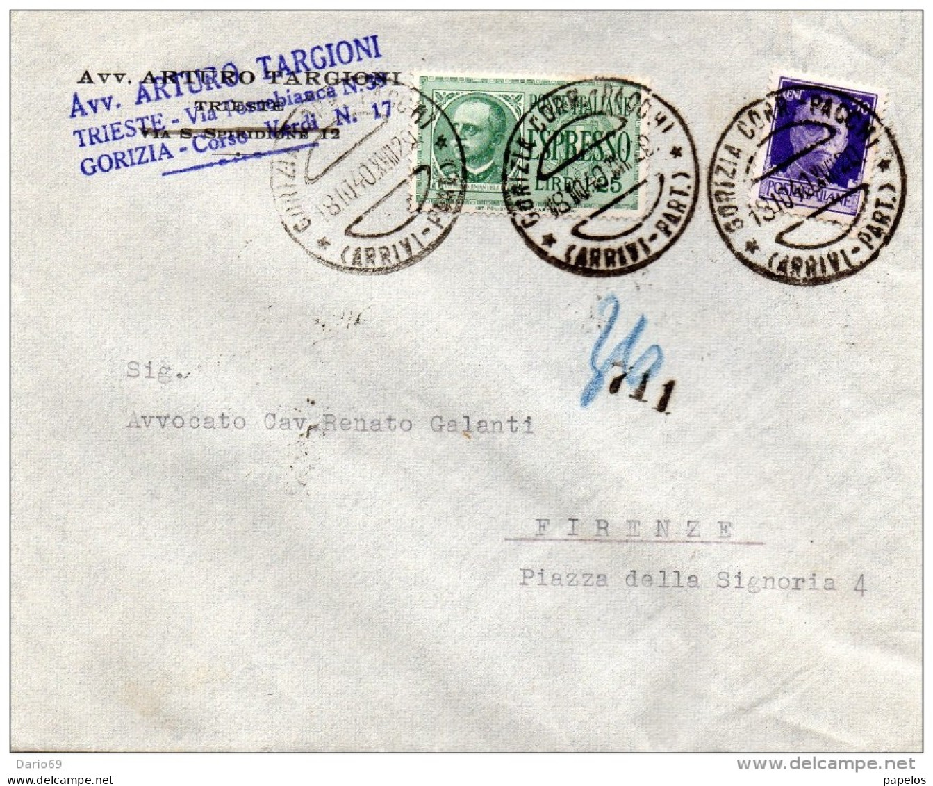 1940  LETTERA  ESPRESSA CON ANNULLO GORIZIA  + FIRENZE - Eilsendung (Eilpost)