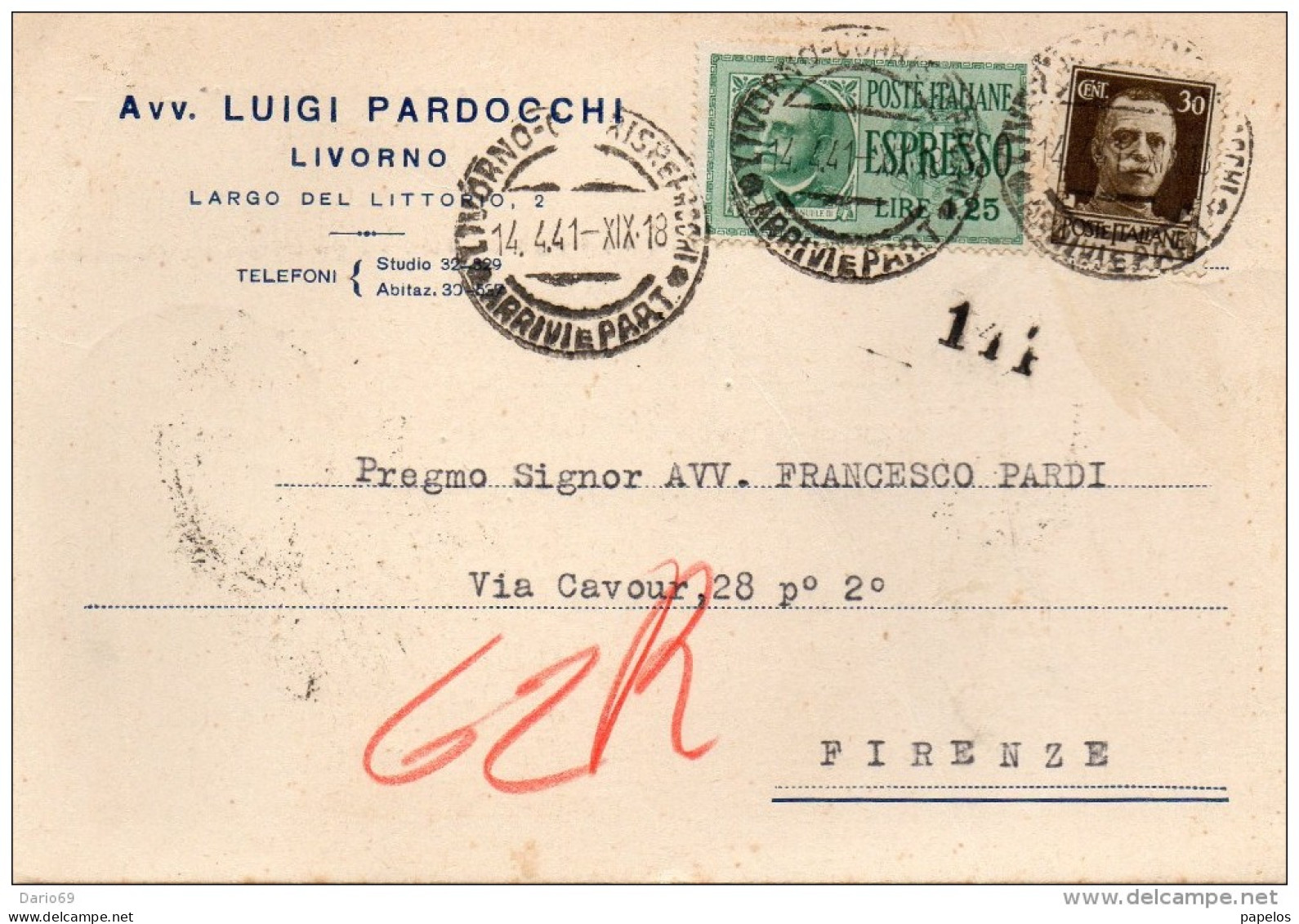 1941 CARTOLINA  ESPRESSA CON ANNULLO LIVORNO + FIRENZE - Correo Urgente