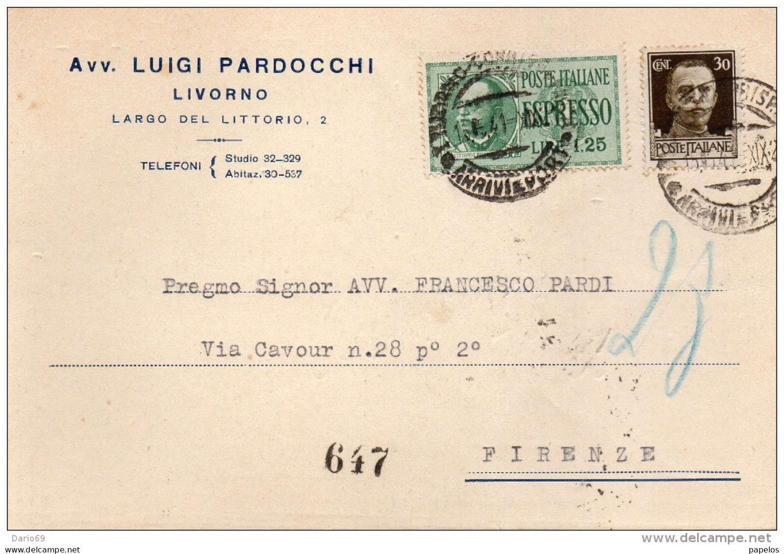 1941 CARTOLINA  ESPRESSA CON ANNULLO LIVORNO + FIRENZE - Correo Urgente