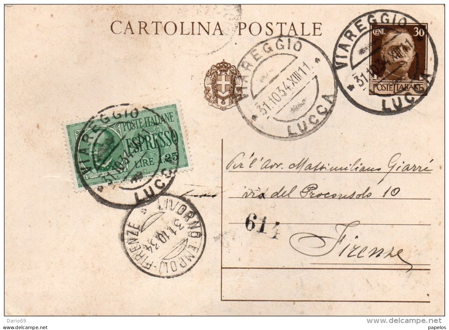 1934 CARTOLINA    ESPRESSA CON ANNULLO VIAREGGIO LUCCA  + AMBULANTE LIVORNO - EMPOLI - FIRENZE - Exprespost