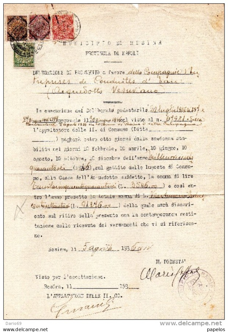1936 RESINA NAPOLI DOCUMENTO CON TASSA DI BOLLO PER CAMBIALI - Italie