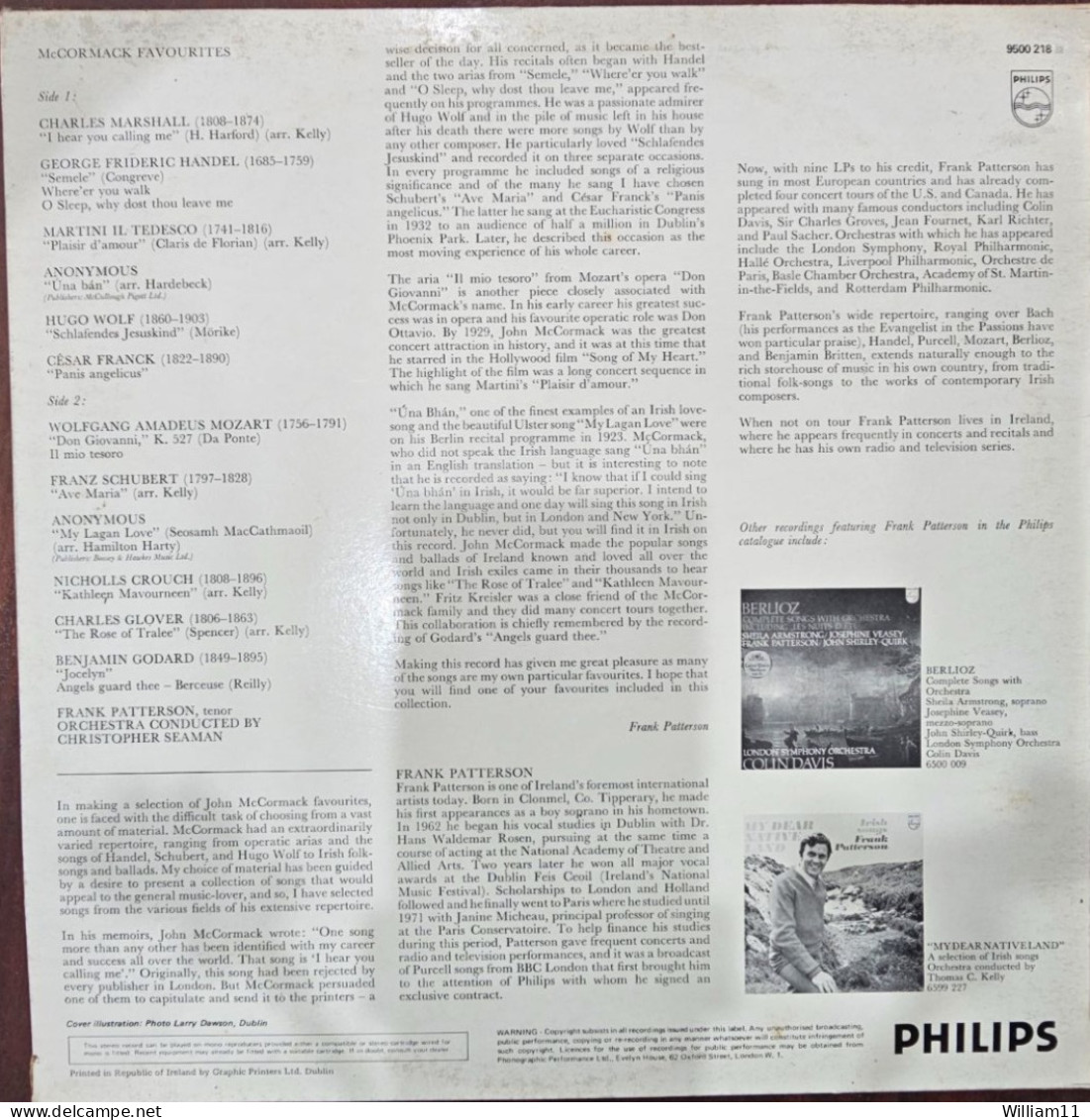 Frank Patterson - Sings John McCormack Favourites (LP, Album) 1976 - Classical