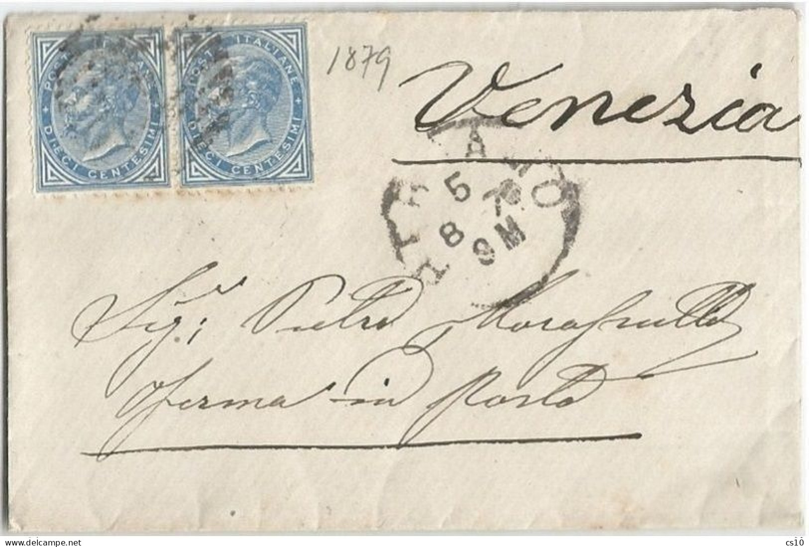 Regno VE2 Letterina Bergamo 5ago1879 X Venezia Fermo Posta Con C.10 Azzurro Coppia - Poststempel