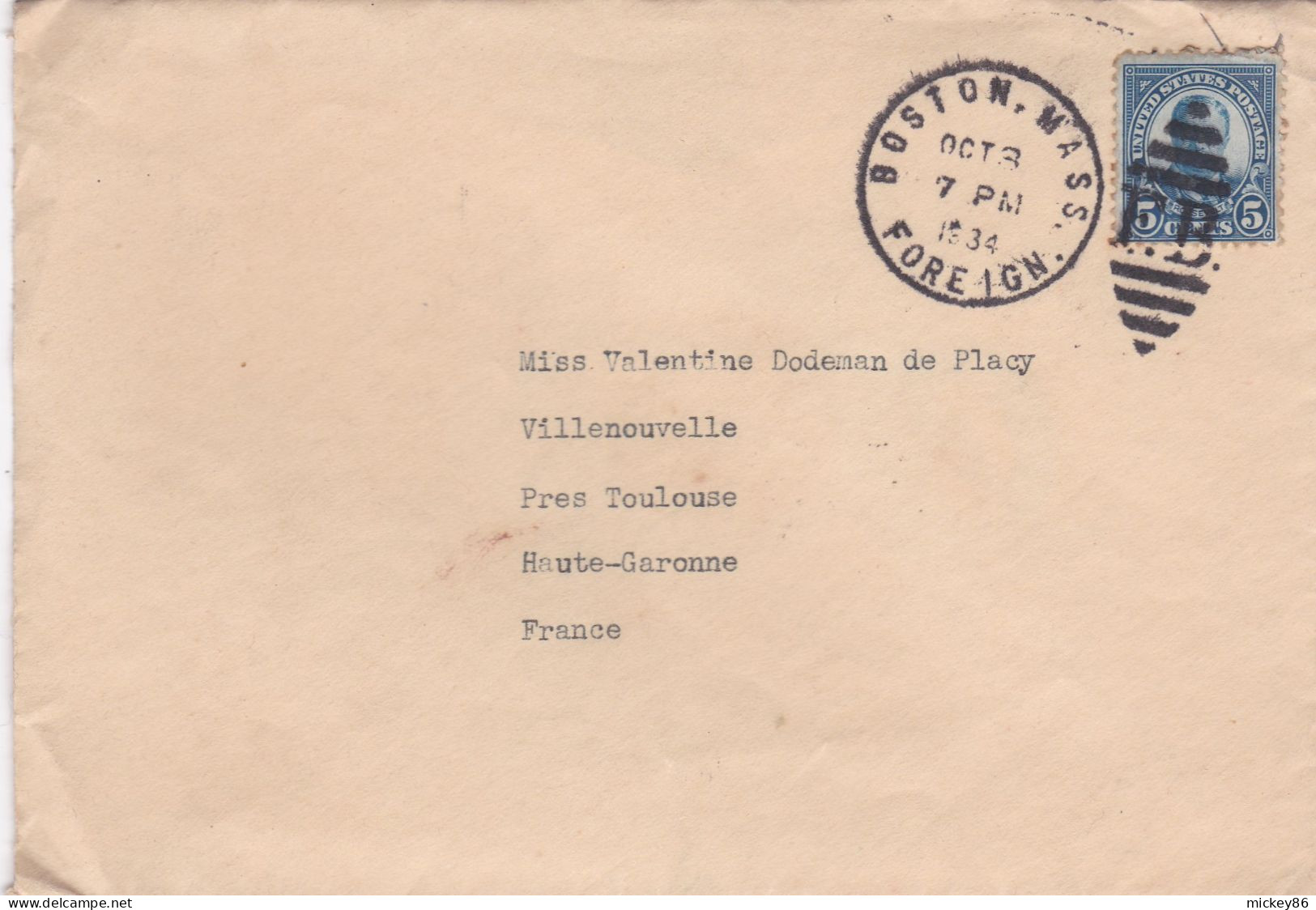 Etats-Unis --1934--lettre BOSTON FOREIGN (Mass) Pour VILLENOUVELLE (France).timbre,Beau Cachet  8 OCT 1934 - Storia Postale