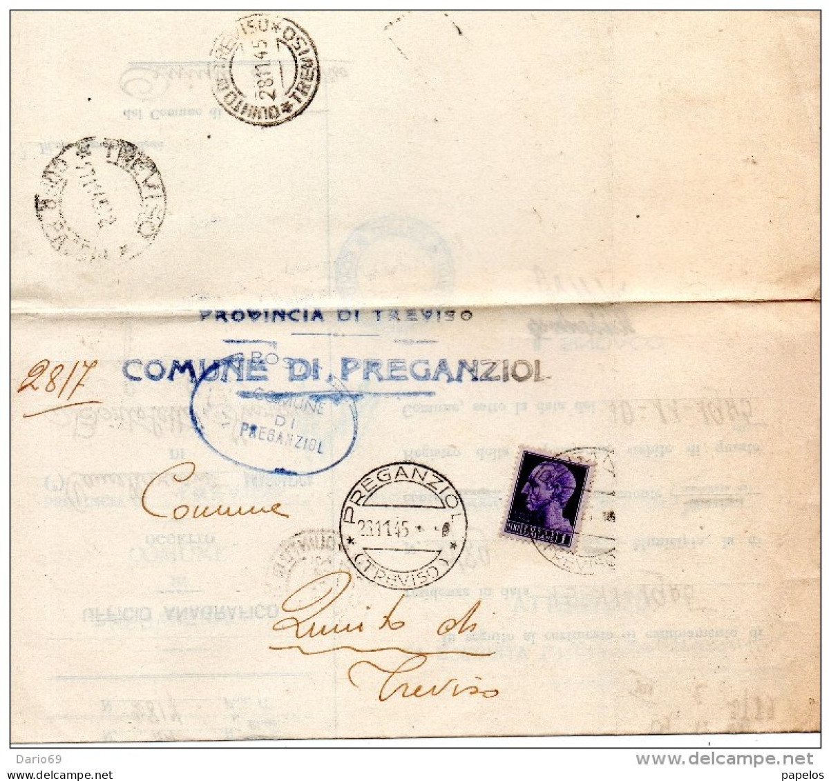 1945    LETTERA  CON ANNULLO PREGANZIOL TREVISO + QUINTO - Storia Postale