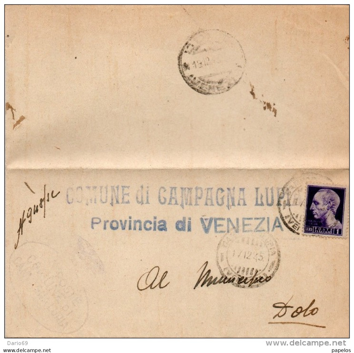 1945    LETTERA  CON ANNULLO CAMPAGNA LUPIA VENEZIA - Storia Postale