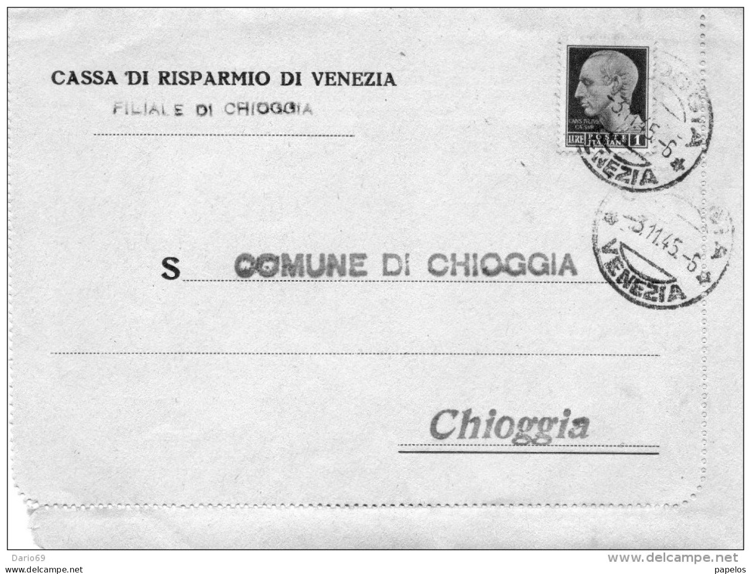 1945    LETTERA  CON ANNULLO CHIOGGIA VENEZIA - Storia Postale