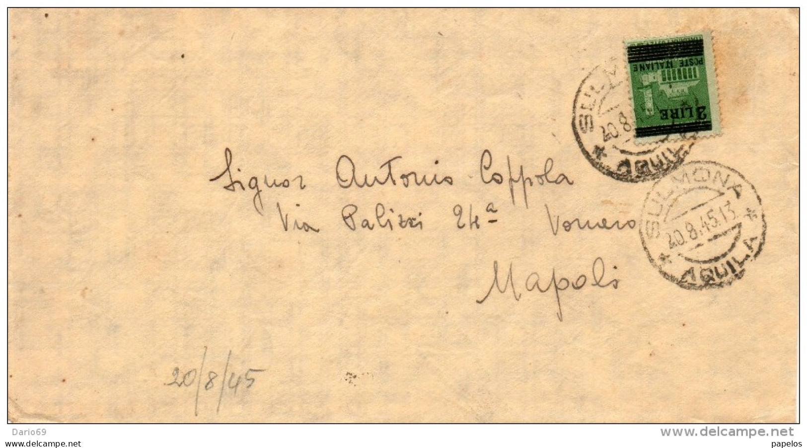 1945 LETTERA   CON ANNULLO  SULMONA AQUILA - Marcophilie