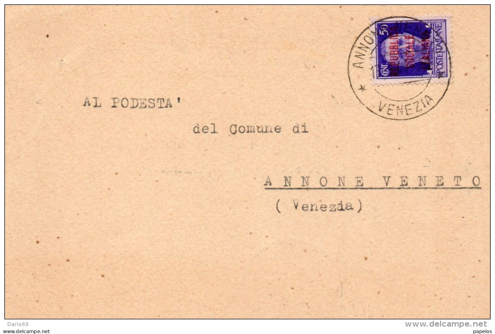 1944 CARTOLINA   CON ANNULLO  ANNONE VENETO VENEZIA - Storia Postale