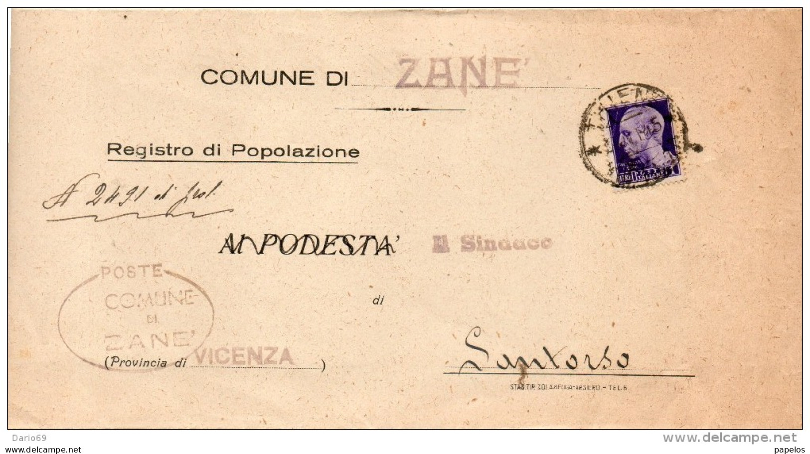 1945 LETTERA  CON ANNULLO ZANE' VICENZA - Storia Postale