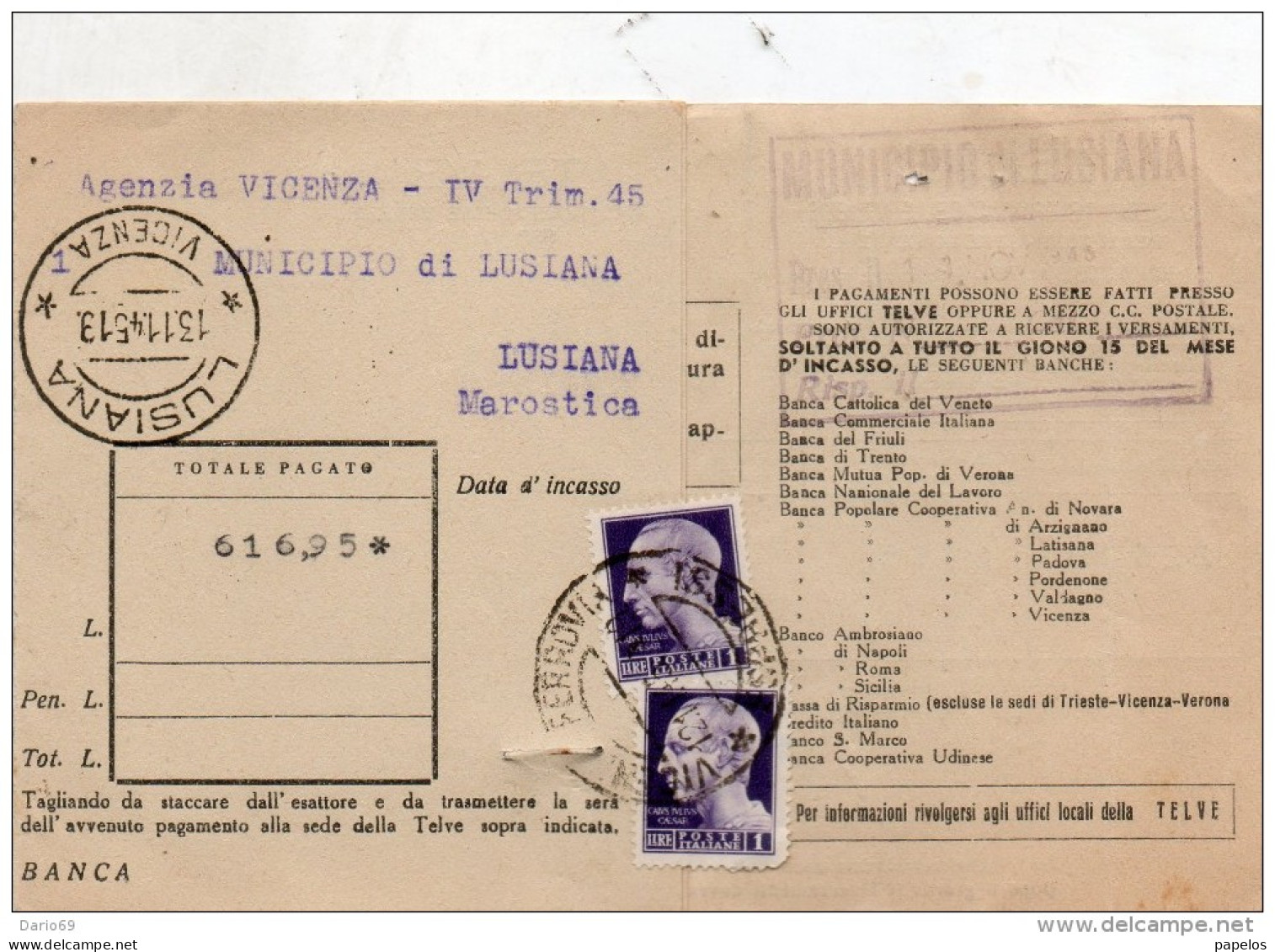 1945 CARTOLINA CON ANNULLO LUSIANA VICENZA - Storia Postale