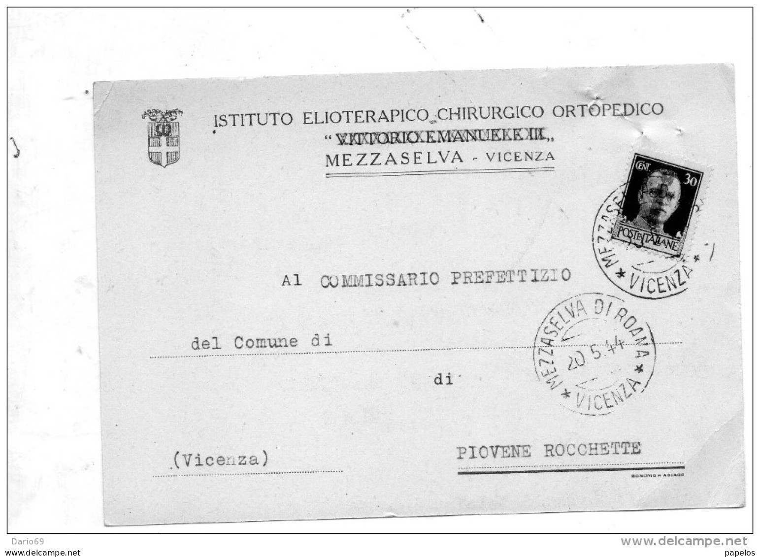 1944 CARTOLINA INTESTATA ISTITUTO ELIOTERAPICO CHIRURGICO ORTOPEDICO  CON ANNULLO  MEZZASELVA  VICENZA - Marcophilie