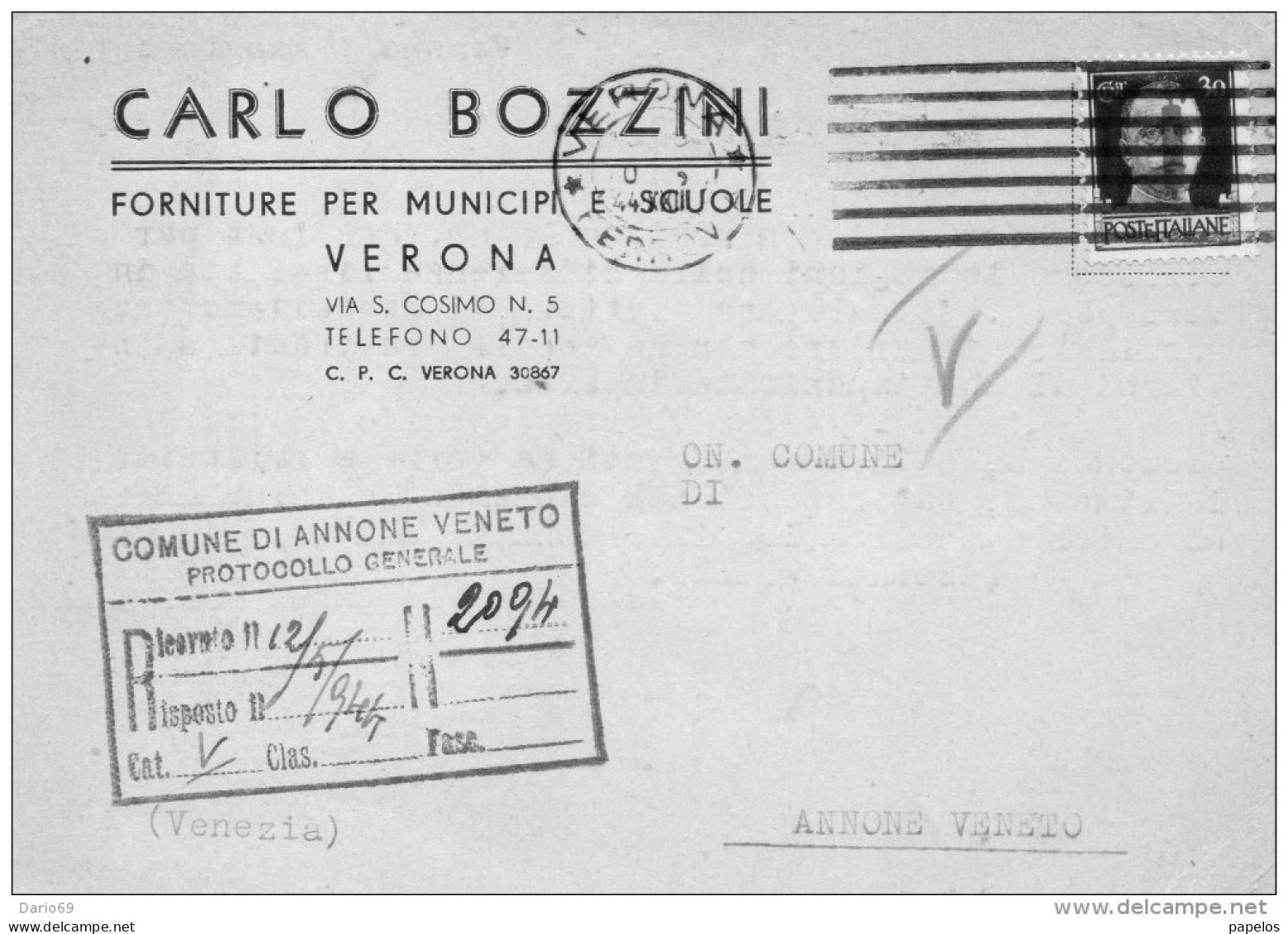 1944 CARTOLINA   INTESTATACON ANNULLO  VERONA - Marcophilie