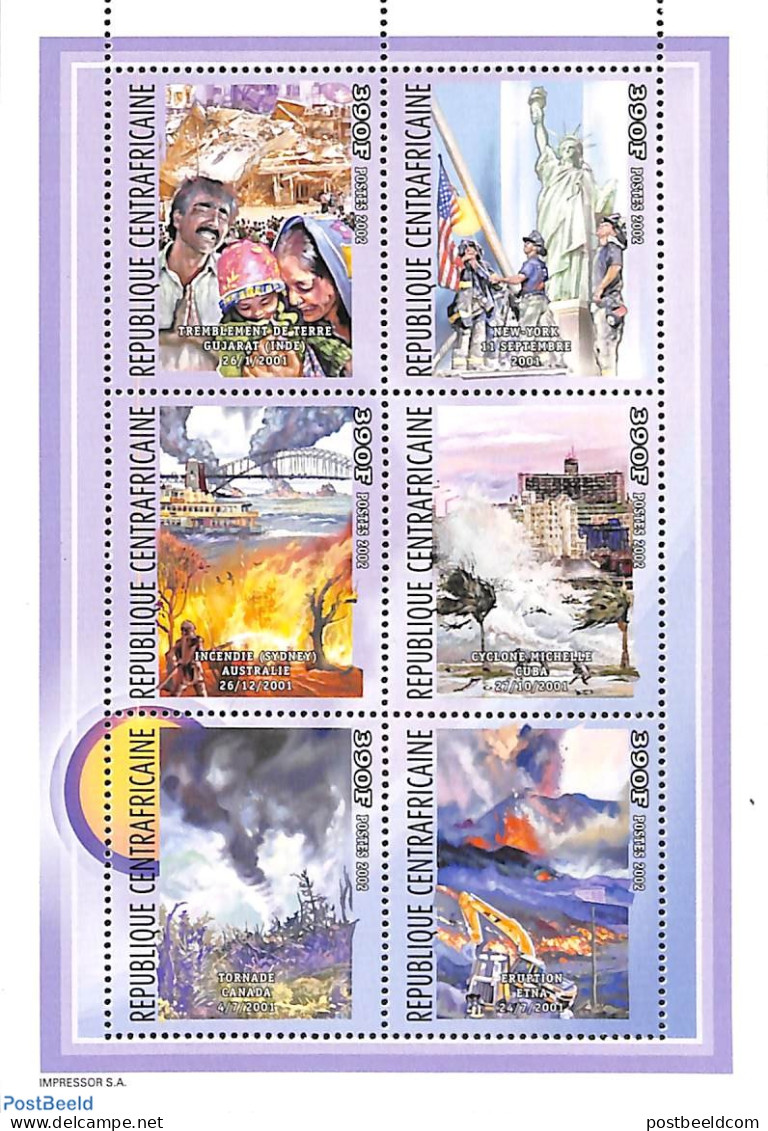 Central Africa 2002 Catastrophes Of 2001 6v M/s, Mint NH, History - Science - Transport - Meteorology - Fire Fighters .. - Climat & Météorologie