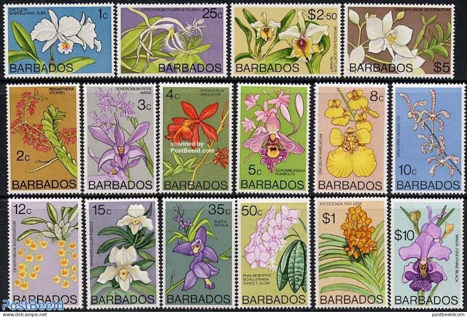 Barbados 1974 Definitives, Orchids 16v, Mint NH, Nature - Flowers & Plants - Orchids - Barbados (1966-...)