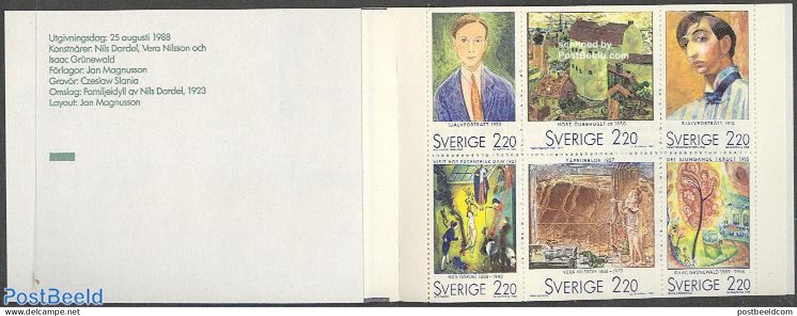 Sweden 1988 Artists 6v In Booklet, Mint NH, Nature - Various - Cats - Dogs - Poultry - Stamp Booklets - Toys & Childre.. - Nuovi