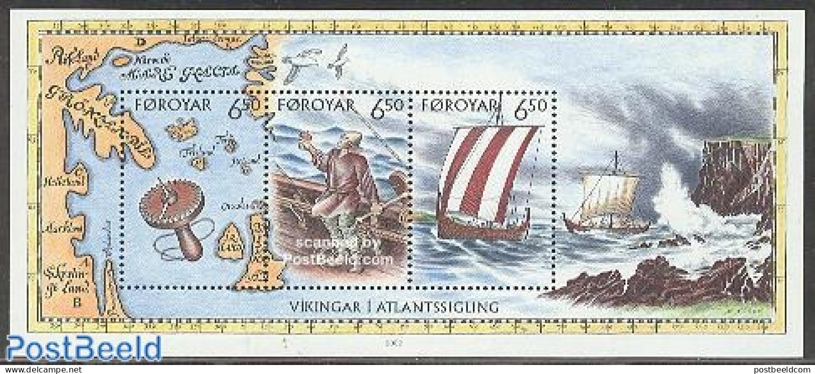 Faroe Islands 2002 Vikings S/s, Mint NH, Nature - Transport - Various - Birds - Ships And Boats - Maps - Schiffe