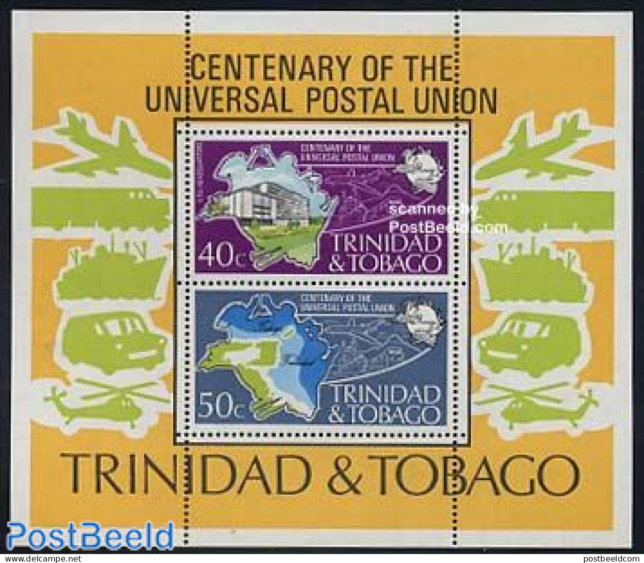 Trinidad & Tobago 1974 UPU Centenary S/s, Mint NH, Transport - Various - U.P.U. - Helicopters - Railways - Ships And B.. - U.P.U.