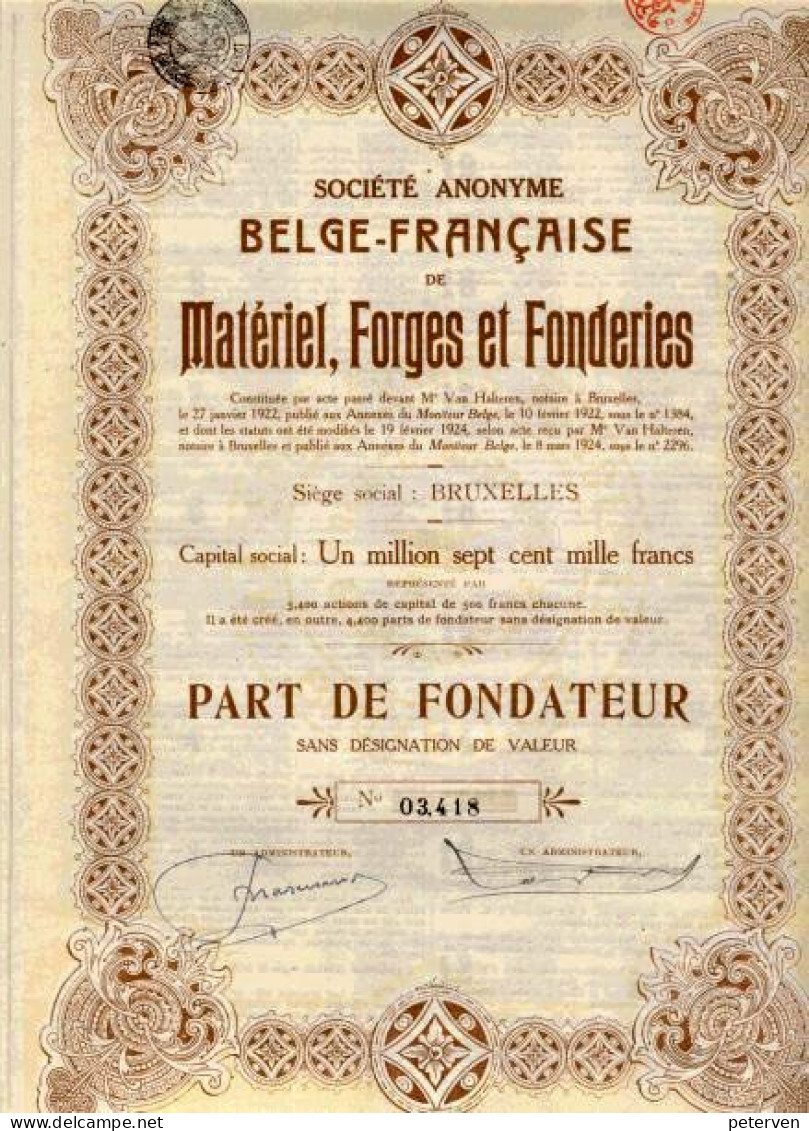 Belge-Francaise De MATÉRIEL, FORGES Et FONDERIES; Part De Fondateur - Industrie