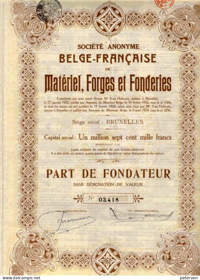 Belge-Francaise De MATÉRIEL, FORGES Et FONDERIES; Part De Fondateur - Industrial