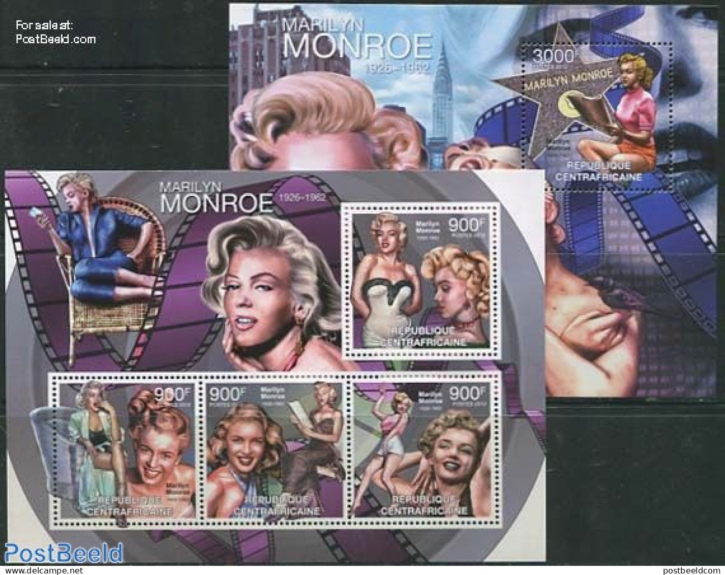 Central Africa 2012 Marilyn Monroe 2 S/s, Mint NH, Performance Art - Marilyn Monroe - Movie Stars - Acteurs