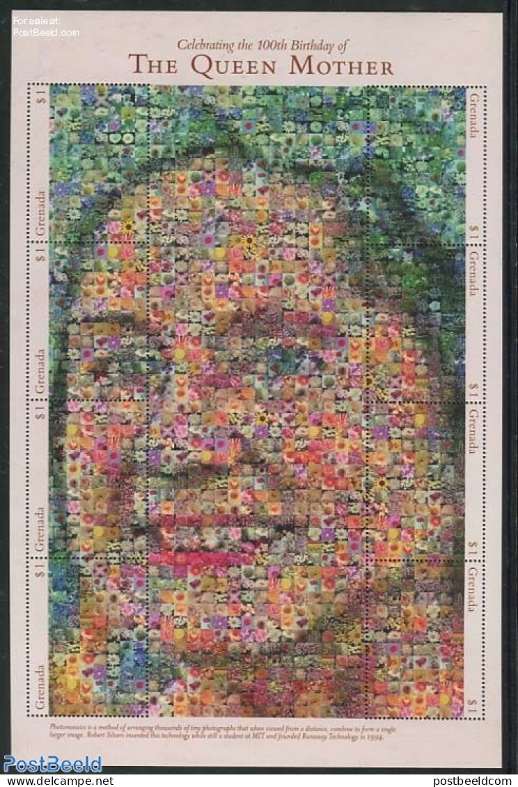 Grenada 2000 Queen Mother 8v M/s, Mosaics, Mint NH, History - Kings & Queens (Royalty) - Königshäuser, Adel
