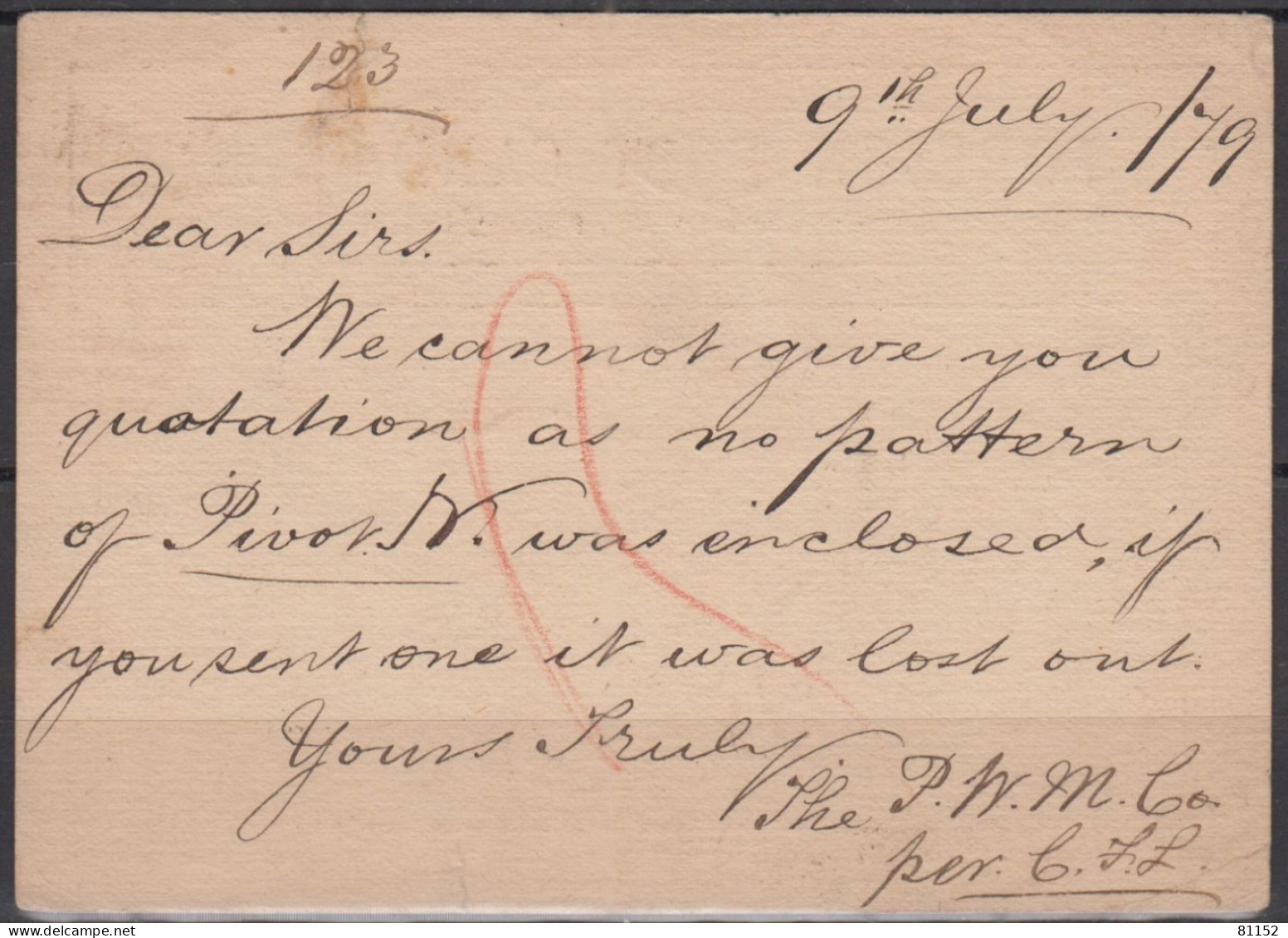 G.B.  Entier CPA   One Penny   De  BIRMINGHAM   Le  9 Juil 1879 Avec Cachet " PARIS DISTRIBUTION " - Material Postal