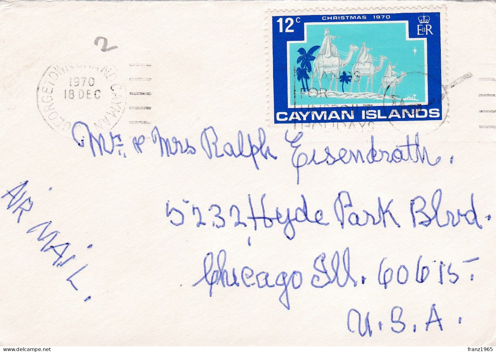 From Cayman Islands To USA - 1970 - Caimán (Islas)