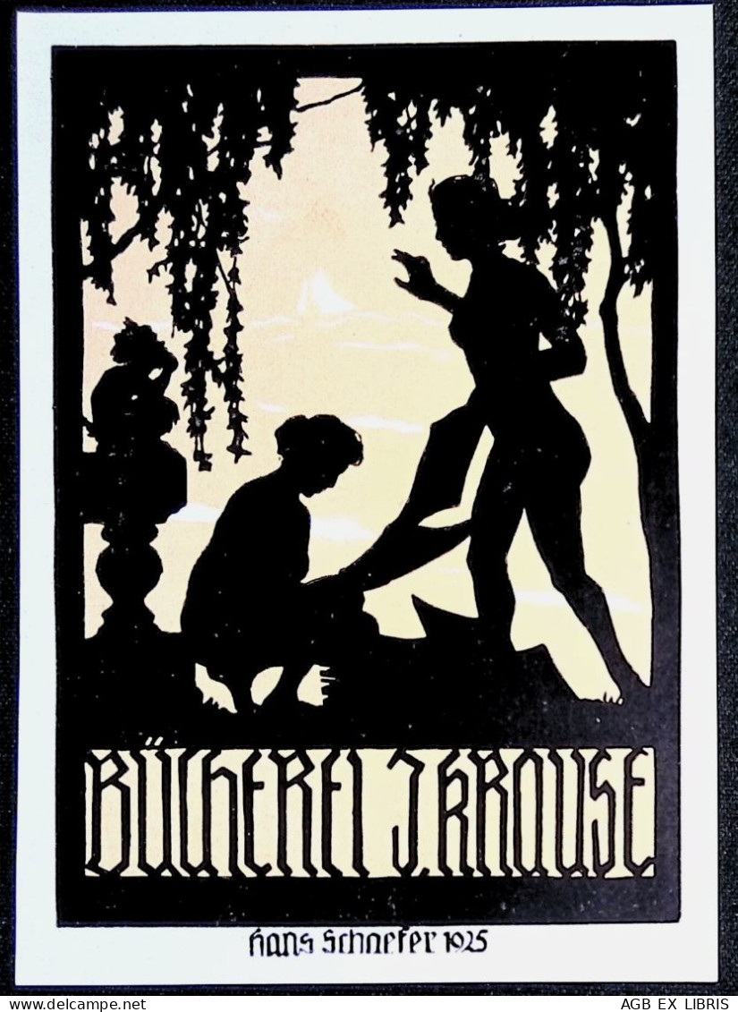 1925 EX LIBRIS HANS SCHAEFER X J. KROUSE BUCHEREI EXLIBRIS PROFILO DONNE LEGGONO NATURA AKT - Ex Libris