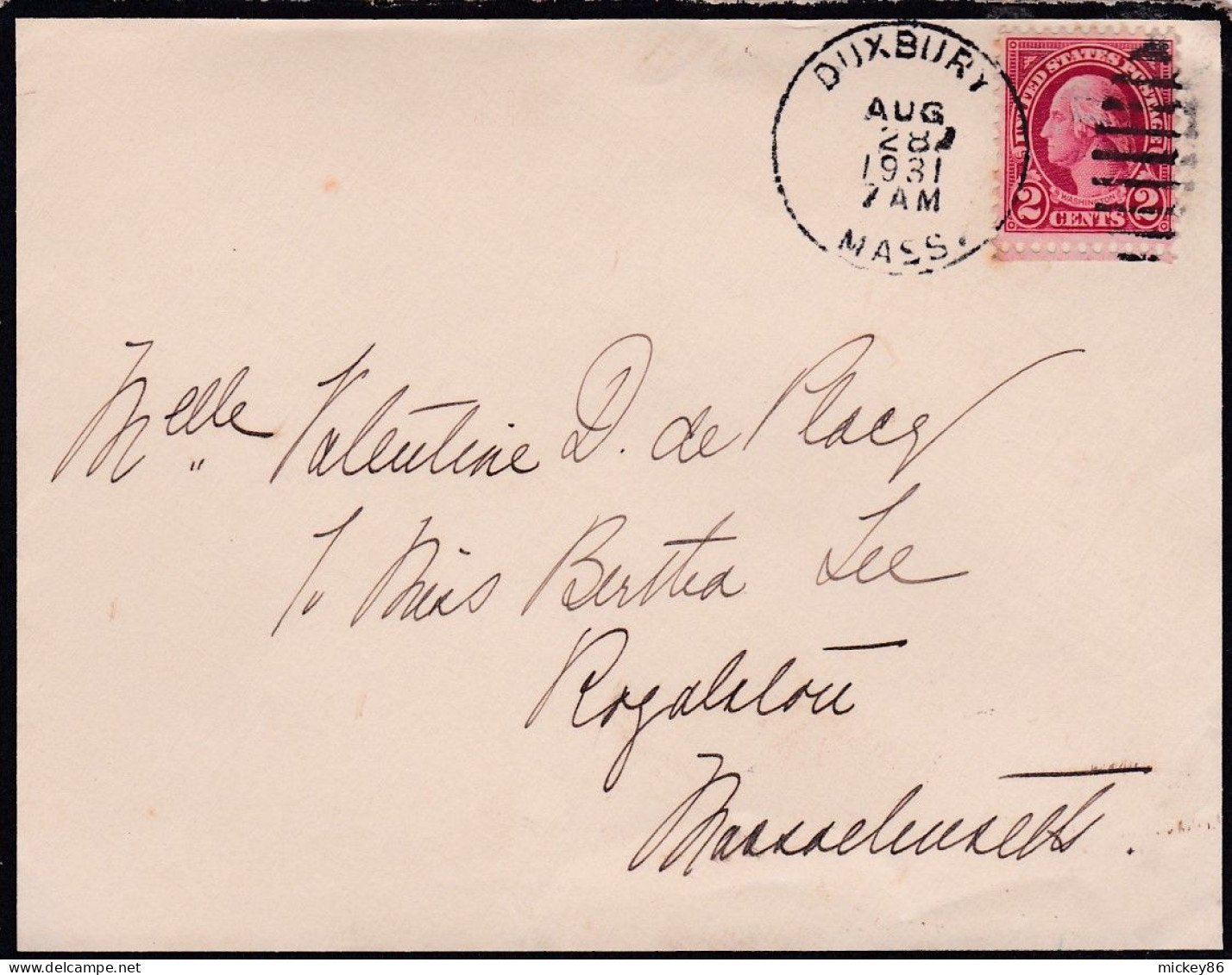 Etats-Unis-1931-lettre DUXBURY (Mass) Pour ROYALSTON.timbre, Beau Cachet  28 AUG 1931-- - Cartas & Documentos