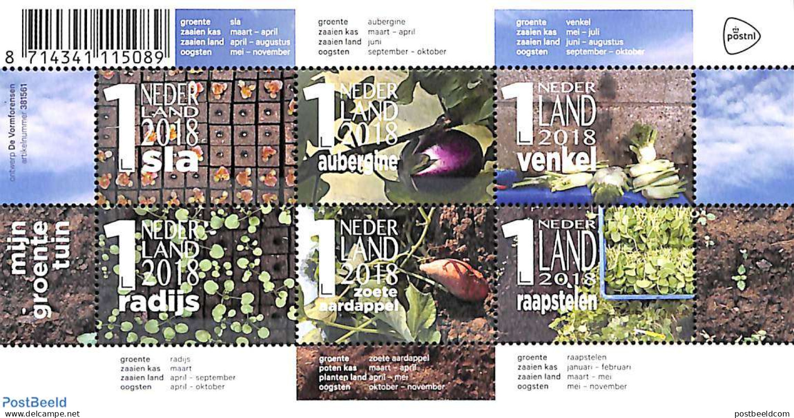 Netherlands 2018 Vegetables 6v M/s, Mint NH, Health - Various - Food & Drink - Agriculture - Neufs